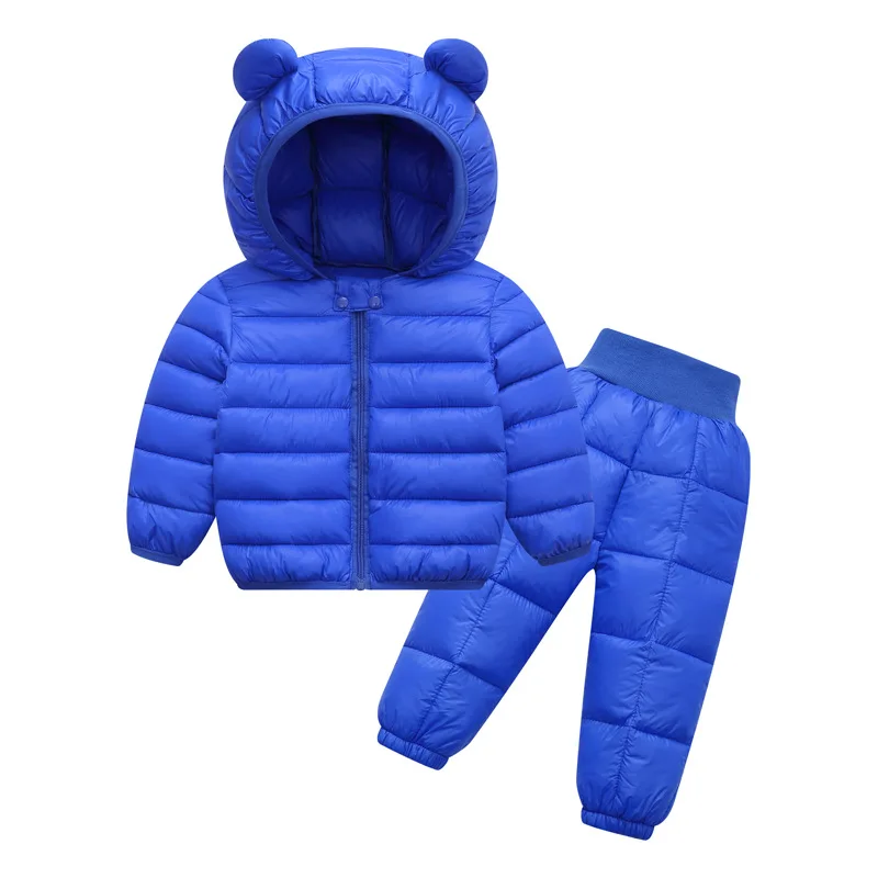 1Set Kid Lightweight Warm Down Jacket Set Girls Boys Hooded Long Sleeves Sport Suit Winter Thicken Baby Fashion Top Pant skiwear