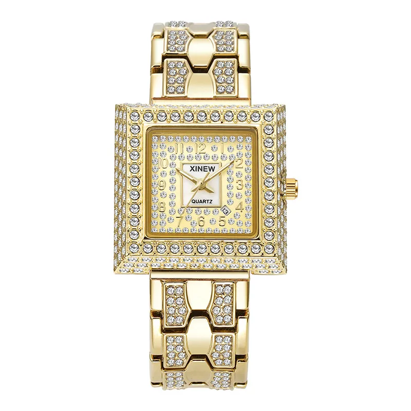 Relojes de diseñador de marca XINEW 2426 genuinos para mujer, reloj de cuarzo con fecha de lujo dorado y diamantes de Hip Hop, relojes femeninos a la moda