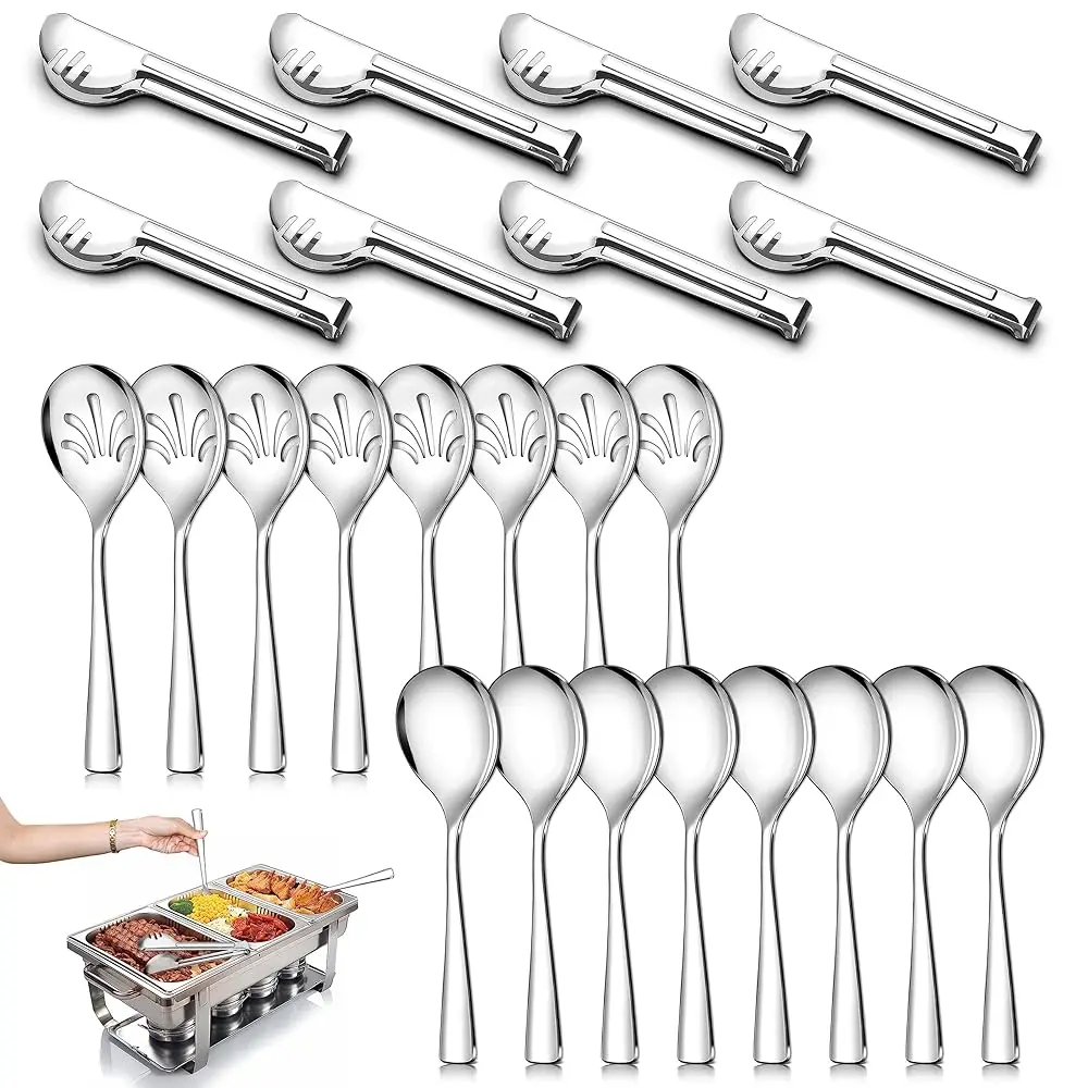 

24 Pa Stainl Steel Large Serving Utensils Set - 10"" Serving Spoons X 8, 10"" Slotted Spoons X 8, And 9"" Serving Tongs X 8 By