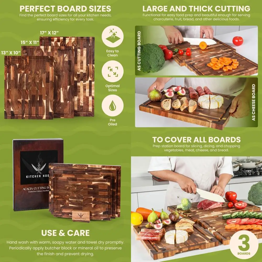 

3-Piece Acacia Wood Cutting Board Set with Holder, Dual-Sided, Non-Toxic, 13-17 Inch Kitchen Boards