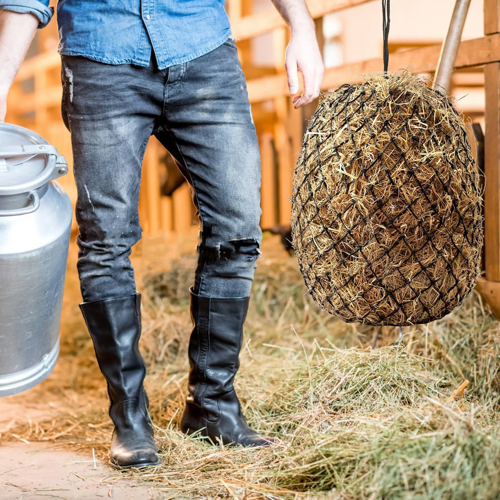 Slow Feeder Hay Nets Durable Nylon Pouch Goat Feeders with Two Ropes Horse Straw Bag Storage Practical