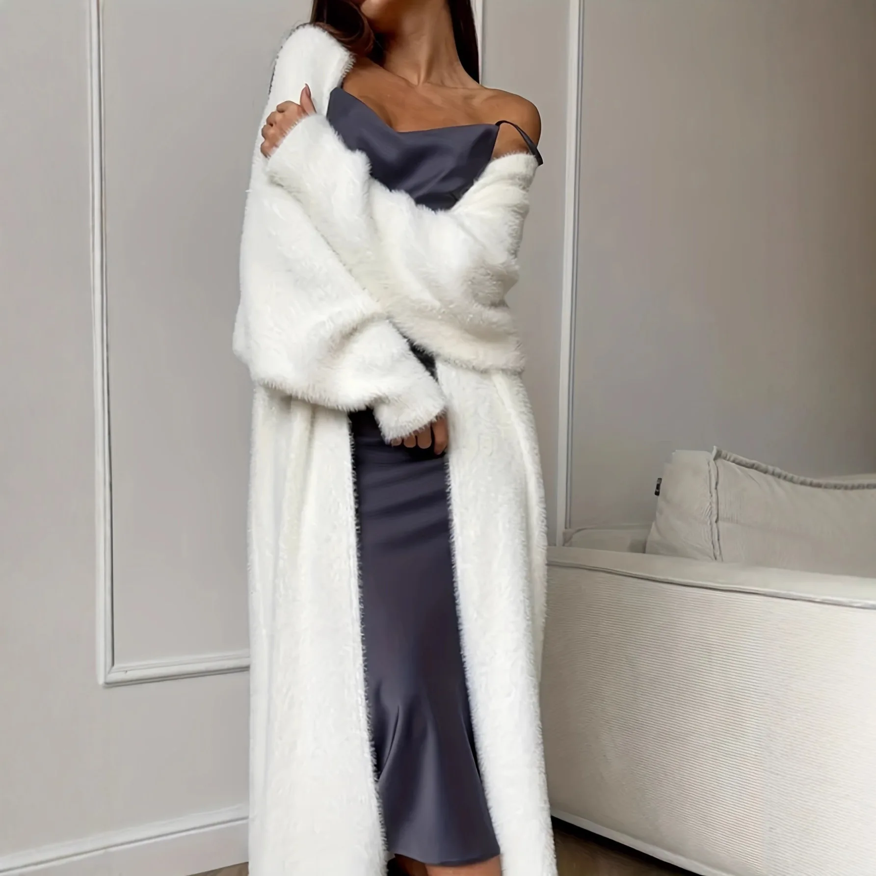Cárdigan Abierto de Punto Blanco para Mujer, Abrigo Holgado de Piel Sintética, Ropa de Abrigo Larga y Esponjosa para Otoño e ...