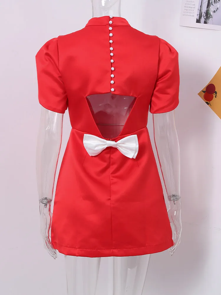 Elegant Bow Hallow Out Mini Dress Women Red O-neck Short Sleeve High Waist  A-line Dresses Female 2026 Fashion Party Evening Robe - AliExpress 200000345