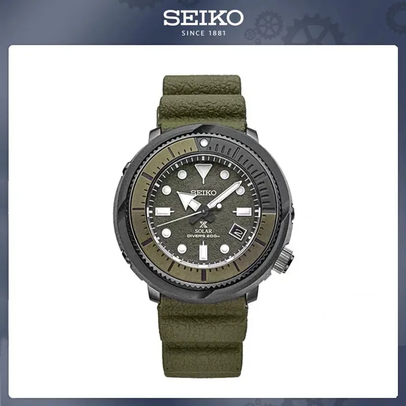 Original SEIKO SNE537 Men\'s Watch Prospex Street Sports Solar Diver\'s 200M Green Dial with Silicone Band Fashion Casual Watch