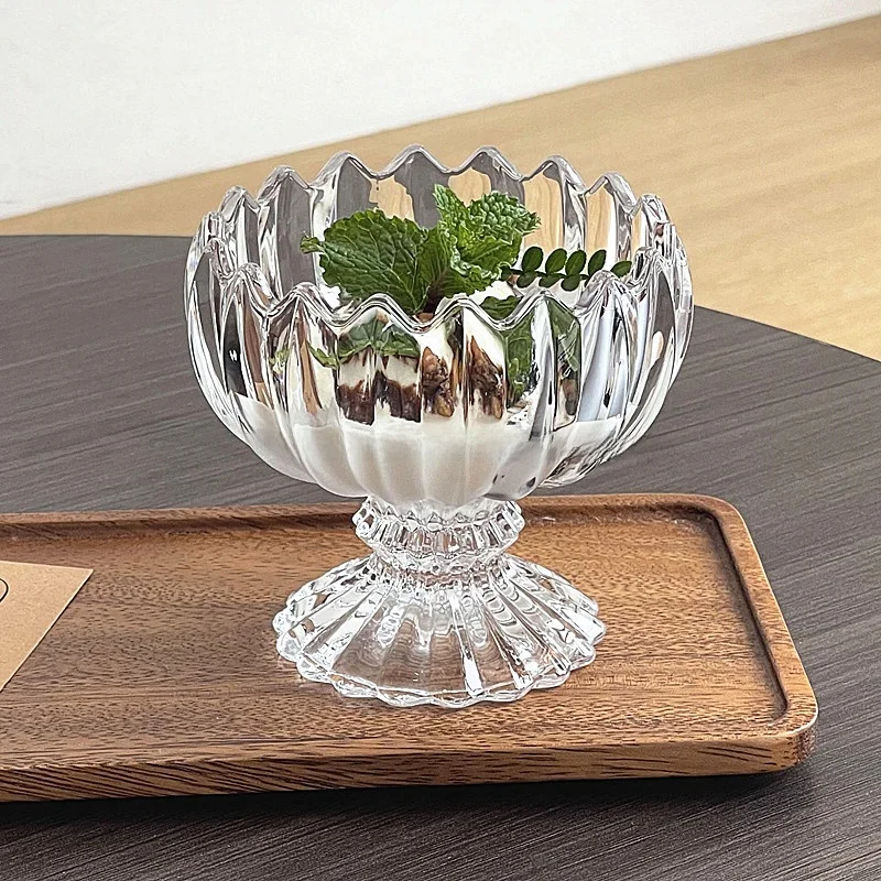 Modern Mat Sle Ice Cr Cup Glass Sculpture Ort Foot Snowball Cup Fruit Yogurt Small Bowl Floral Lace Design-image