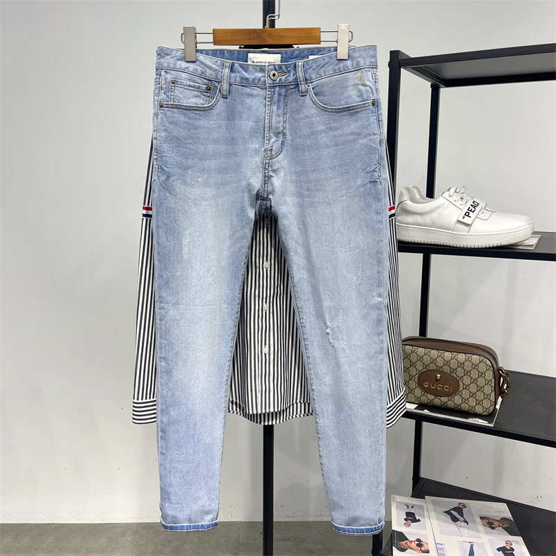 

Легкие мужские джинсы прямого кроя из эластичного денима, светло-голубые, хлопковые, с добавлением аммиака, длинные брюки, осенний сезон