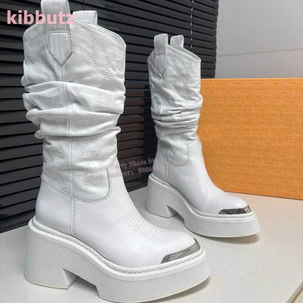 

Mid Calf Boots Pleated Solid Color Black Genuine Leather Metal Round Toe Square Heel Slip-On Fashion Sexy Luxury Women Shoes New