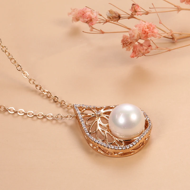 SYOUJYO Luxury Pearl Pendant Necklace for Women 585 Rose Gold Color Bride Wedding Jewelry Water Drop Natural Zircon Charms