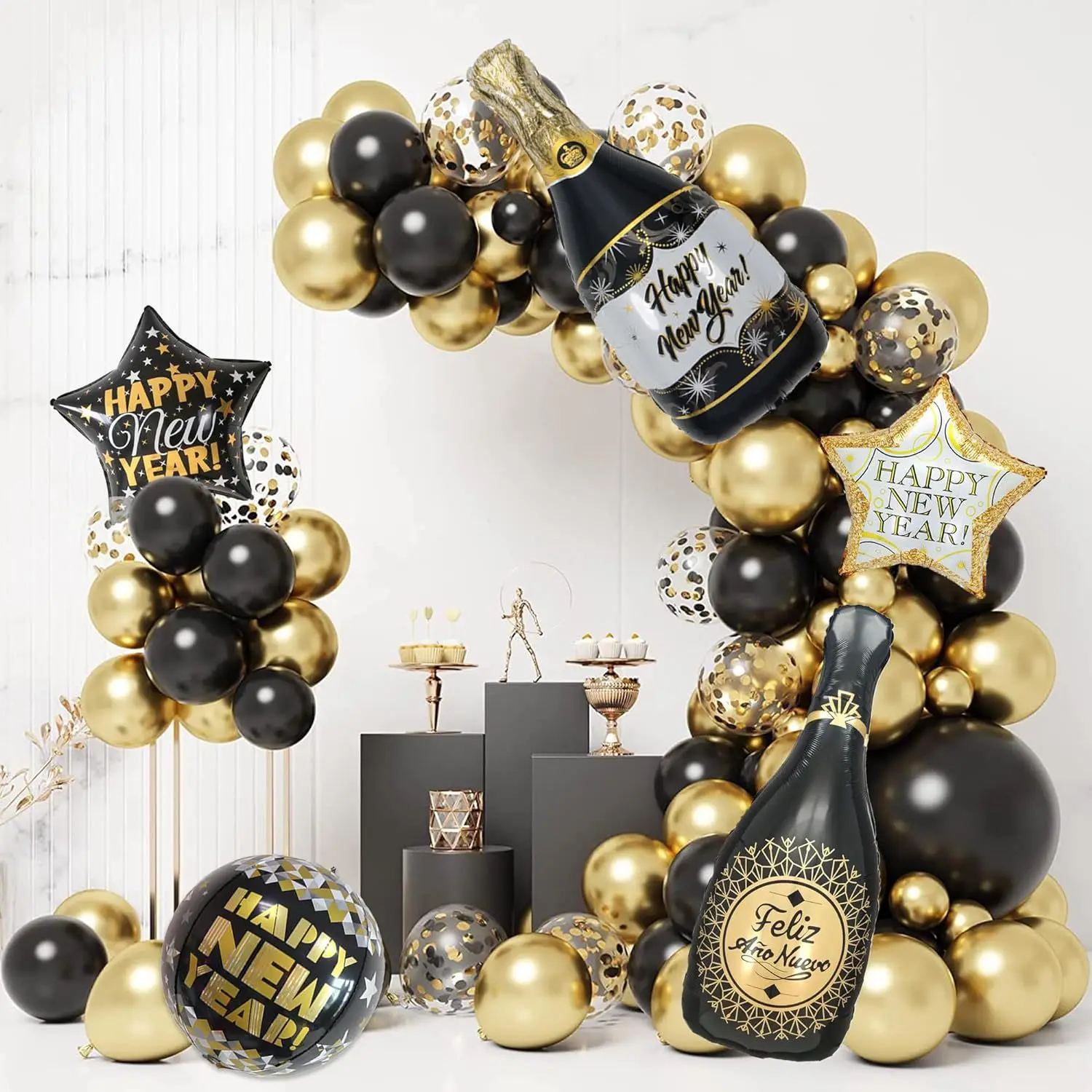 116 قطعة سنة جديدة سعيدة 2026 بالون دائري ونجمي ليلة رأس السنة العد التنازلي حفلة الاحتفال بالون ديكور الحفلات