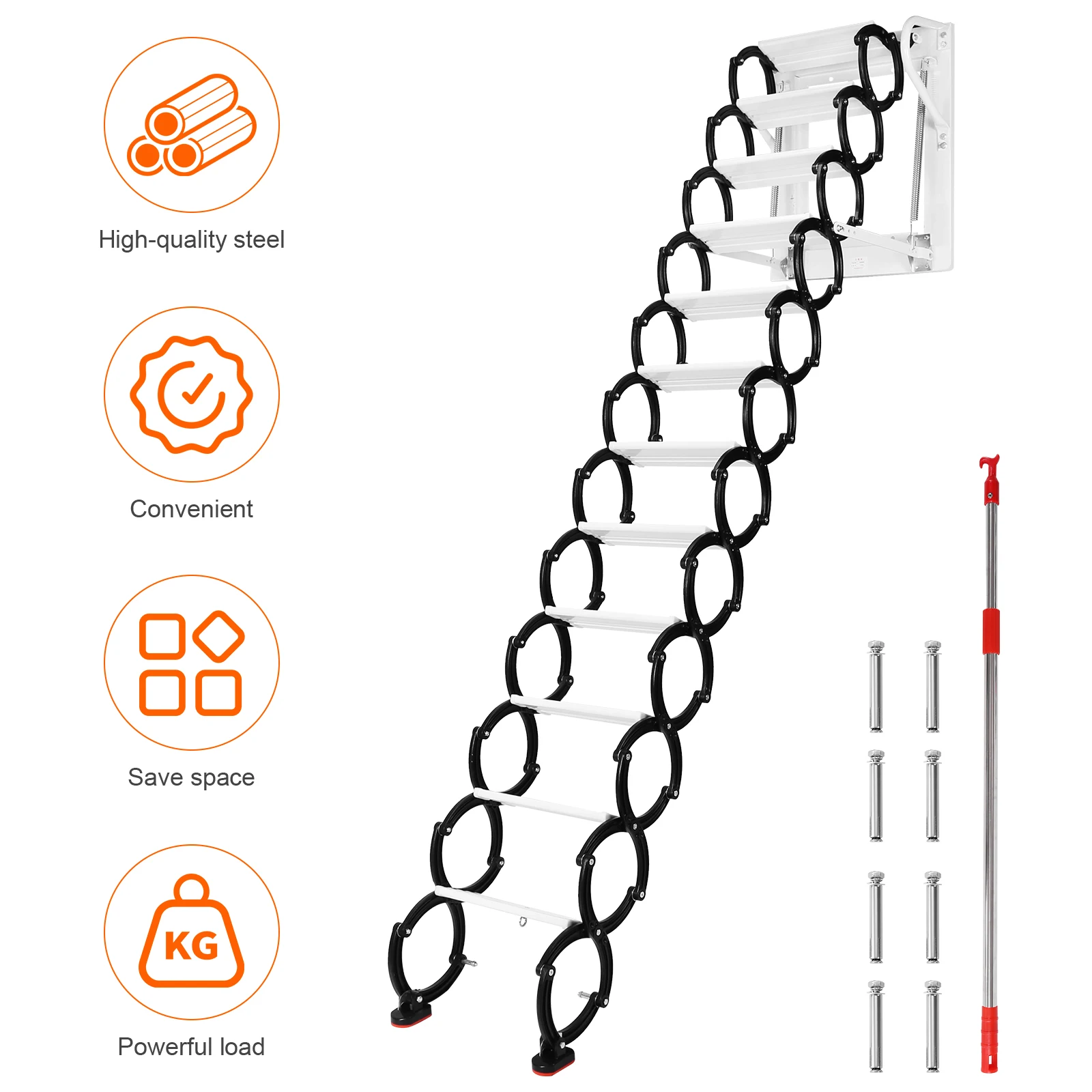 Wall Mounted Attic Ladder 660Lbs Pull Down Attic Ladder w/ Armrests 12-Step Al-Mg Alloy Collapsible Ladder Pull Down Attic Stair