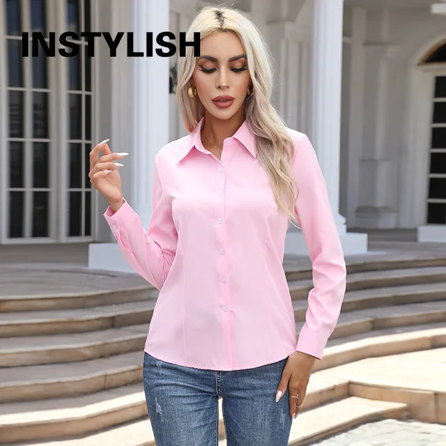 Women Elegant Solid Button Shirt Chiffon Blouse Spring Summer Casual Solid Long Sleeve Turn Down Collar Tunics OL Shirt Tops 3