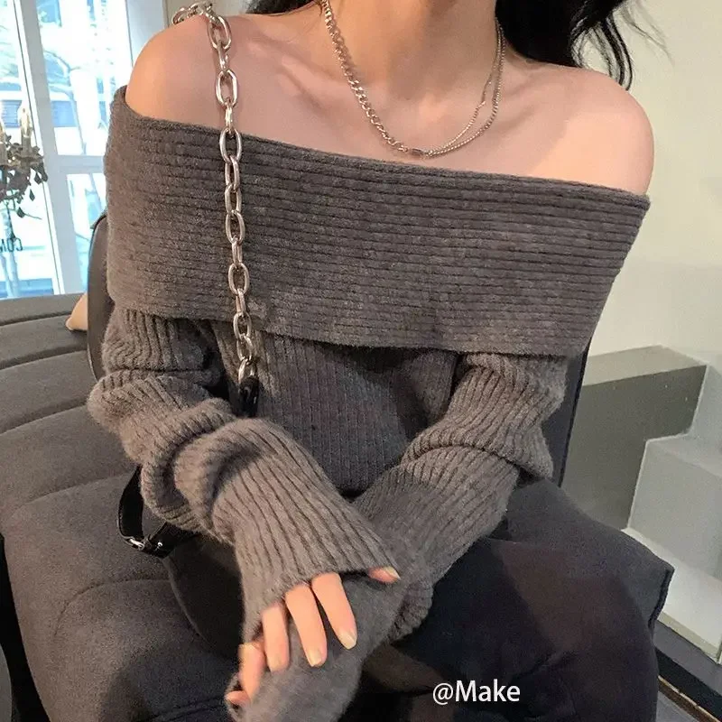 Elegant Sexy Long Sleeve Slash Off The Shoulder Pullovers Grey Sweaters Women Slim Chic Shirts Knit Outwear Clothes Autumn Lazy