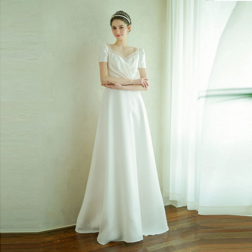 A-line Satin Wedding Dress V-Neck Sheer Back Short-Sleeve Plus Size For Women Princess Robe de Mariee