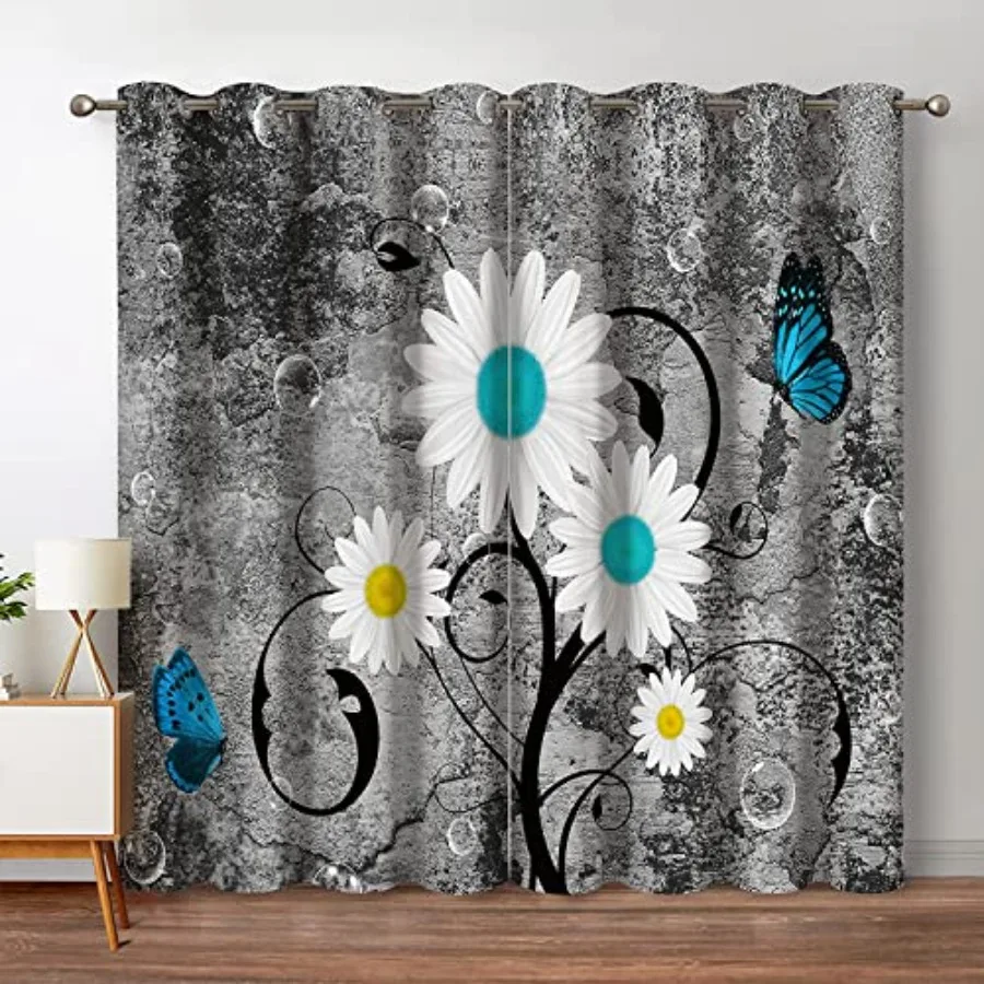 

Floral Blackout Curtains White Wild Chrysanthemum Flower Butterfly Home Bedroom Living Room Decor Plant Theme Darkening Grommet