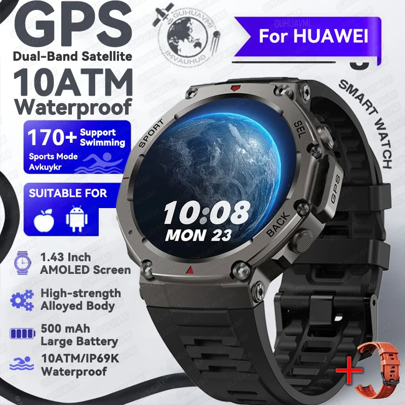GUHUAVMI Militärische GPS-Smartwatch, 1,43 Zoll AMOLED, voller Touchscreen, 10 ATM/IP69 K, wasserdicht, integrierter GPS-Kompass, 170+, Sport-Smartwatches für Herren 6