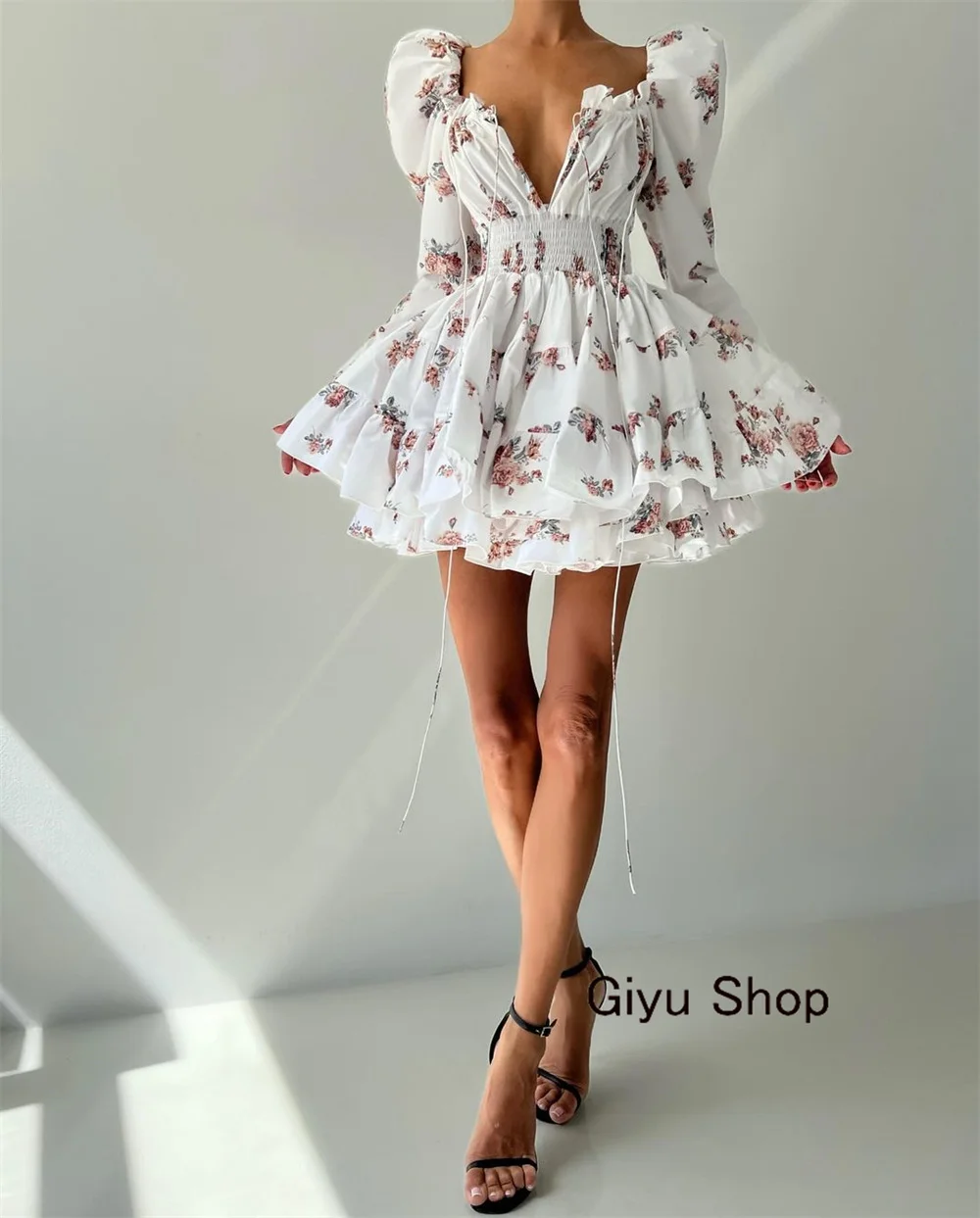 Giyu Modern Style Floral Prom Dress Deep V-Neck Draped Chiffon Mini-length Above The Knee Birthday Party Dress Summer Dress