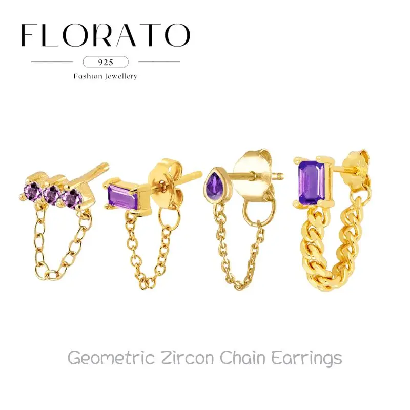 

FLORATO 925 Silver Ear Needles Geometric Zircon Chain Stud Earrings European and American Niche Earrings Fashion Party Jewelry