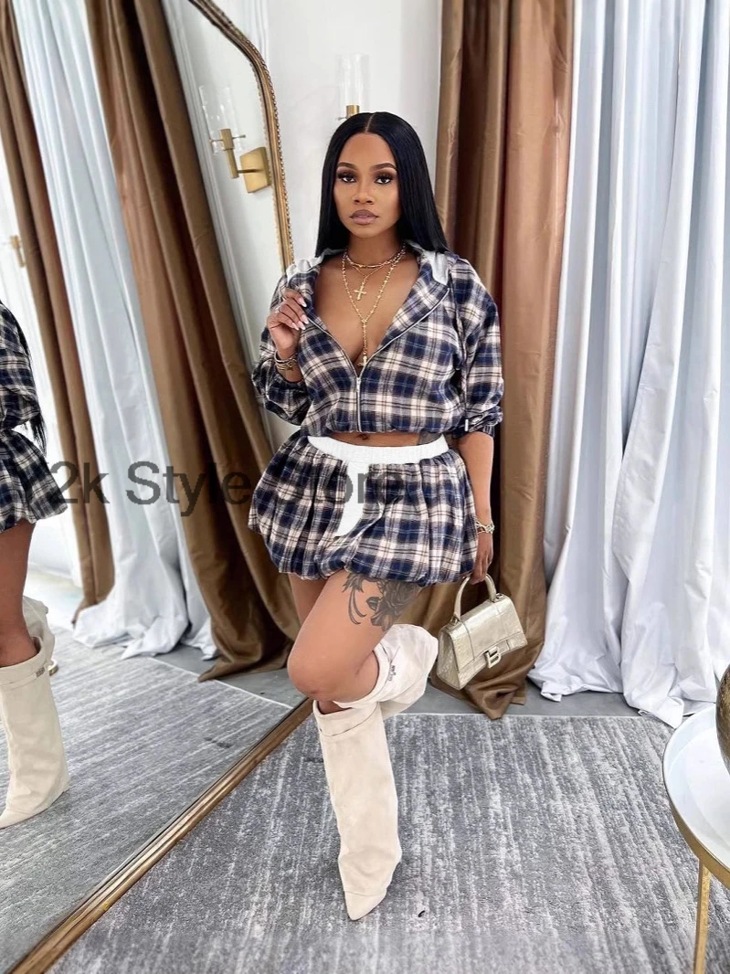 

2025 Y2k Fashion Plaid Printing 2 Piece Sets Woman Outfit Long Sleeve Zip Hooded Crop Tops and Mini Skirt Female Streetwear