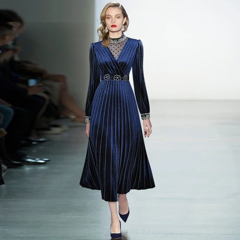 

New Fashion Designer Autumn Women Stand-Up Collar Embroidery Mesh High Waist Sashes Applique Solid Velvet Long Dress