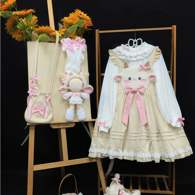 Vestido japonés de pana Lolita Jsk para mujer, vestidos de fiesta con lazo de oveja bordado de oso Panda, Kawii, Otoño e Invierno