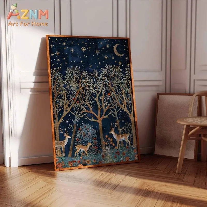 Unframed Canvas Wall Art Magical Night Forest with Deer Crescent Moon Stars Print Poster for Living Room Bedroom Xmas Wall Decor