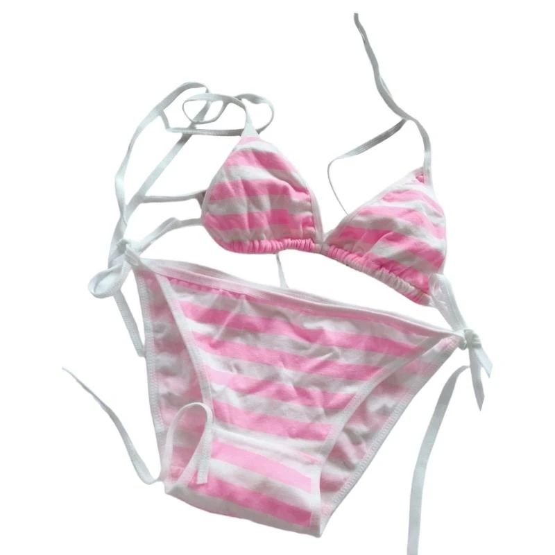 Womens Striped High Cut Beachwear Halters String Swimsuit Set Split Swimsuit Thong Set Comfortable Strappy Swimming Suit