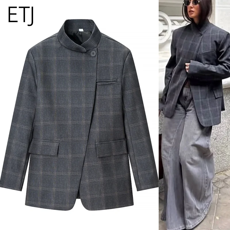 ETJ 2026spring women's new products commuting all kinds of fashion slits design stand collar one button casual plett suit jacket