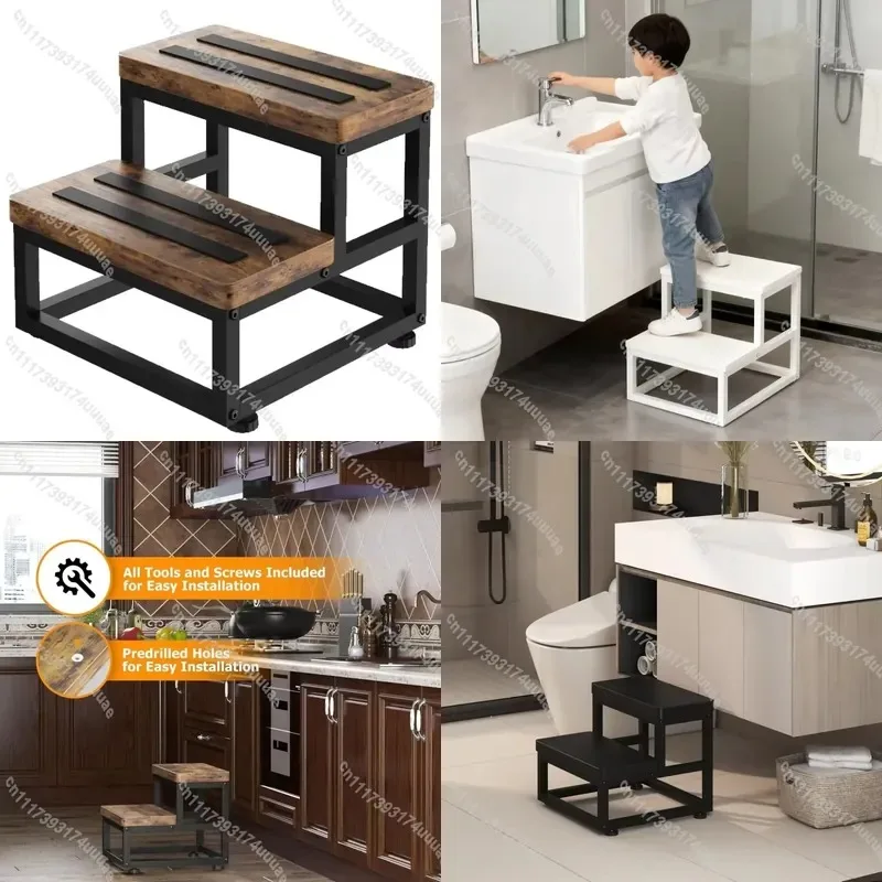 2 Step Stool Metal Iron Wood Ladder Sturdy Footstool Multi Function Shoe Organizer Bench for Entryway Household