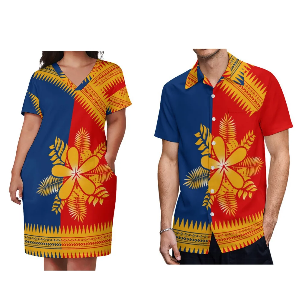 Pacific Island Art Couple Set Summer Polynesian Women\'s Dress V-Neck Style Midi Skirt Men\'s Fashion Shirt