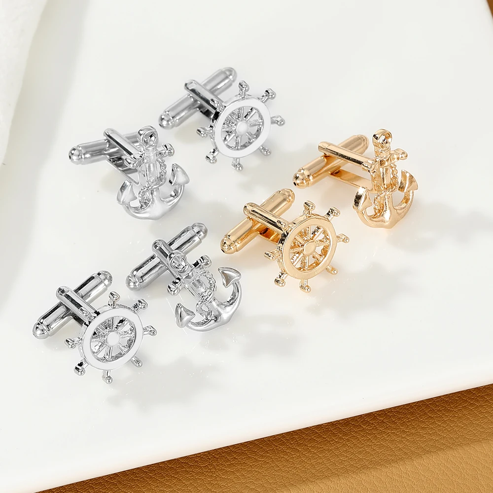 Classic Ship Anchor and Rudder Shaped Gold Mens Cufflinks