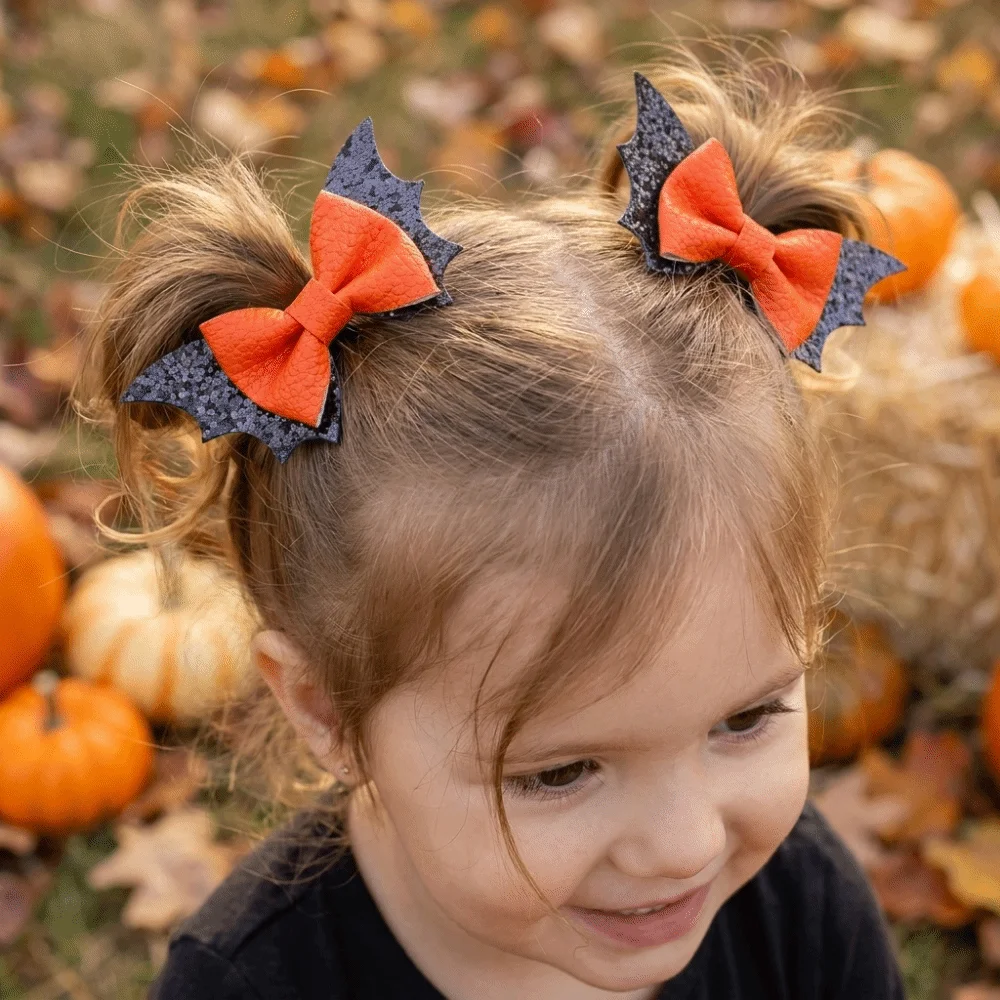 2 pcs/set Bow Bat Wing Hair Clips Double Layered Glitter Halloween Barrettes Black Color Unique Sequins Hairpin Girl