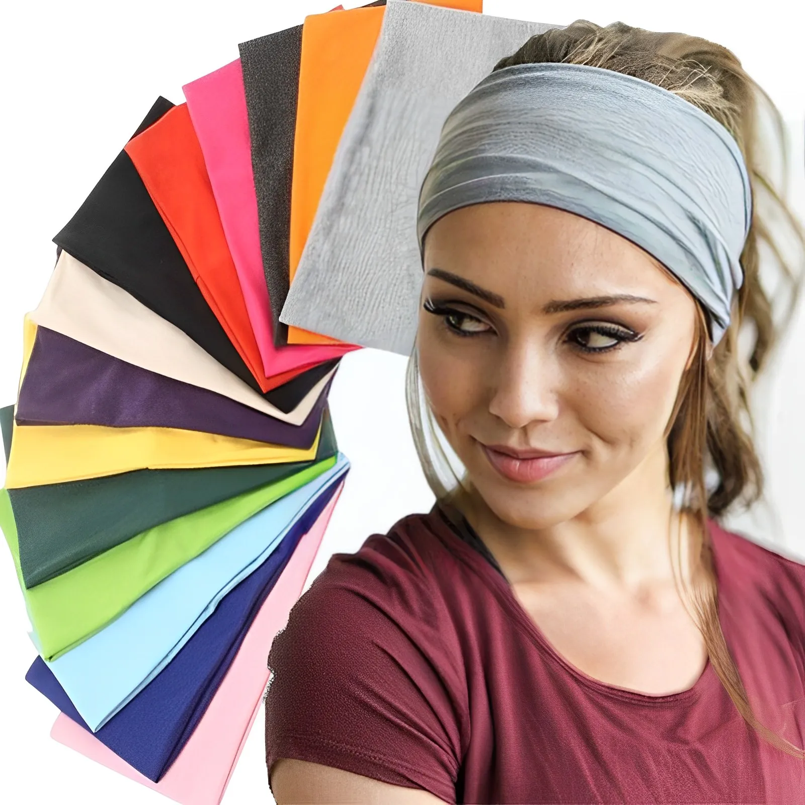 Bandeau de Yoga pour femmes, Turban de couleur unie, large, extensible, en coton tricoté, Sport, torsadé, noué, accessoires pour cheveux