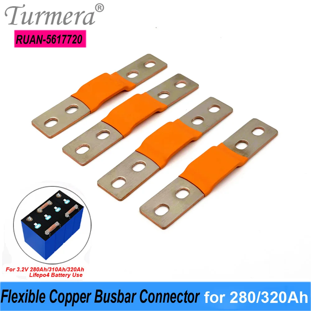 

Turmera 12V Lifepo4 Battery Flexible Busbar Copper Connecter Hole to Hole 56mm 2mm 400A for 280Ah 320Ah Lifepo4 Battery 16Pieces