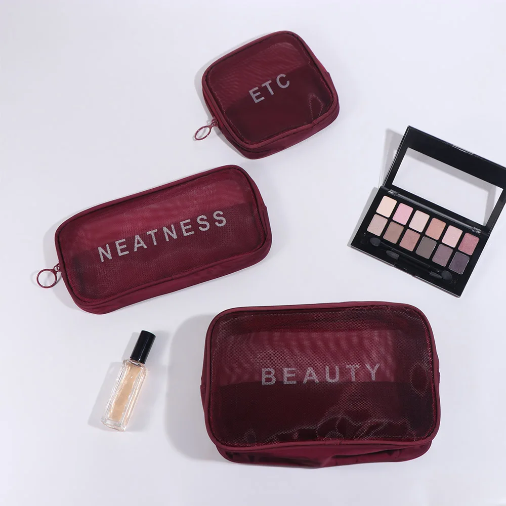 

3pcs Solid Color Mesh Cosmetic Bag Zipper Lipstick Storage Pouch Transparent Makeup Bag Organizer Case Toiletry Bag