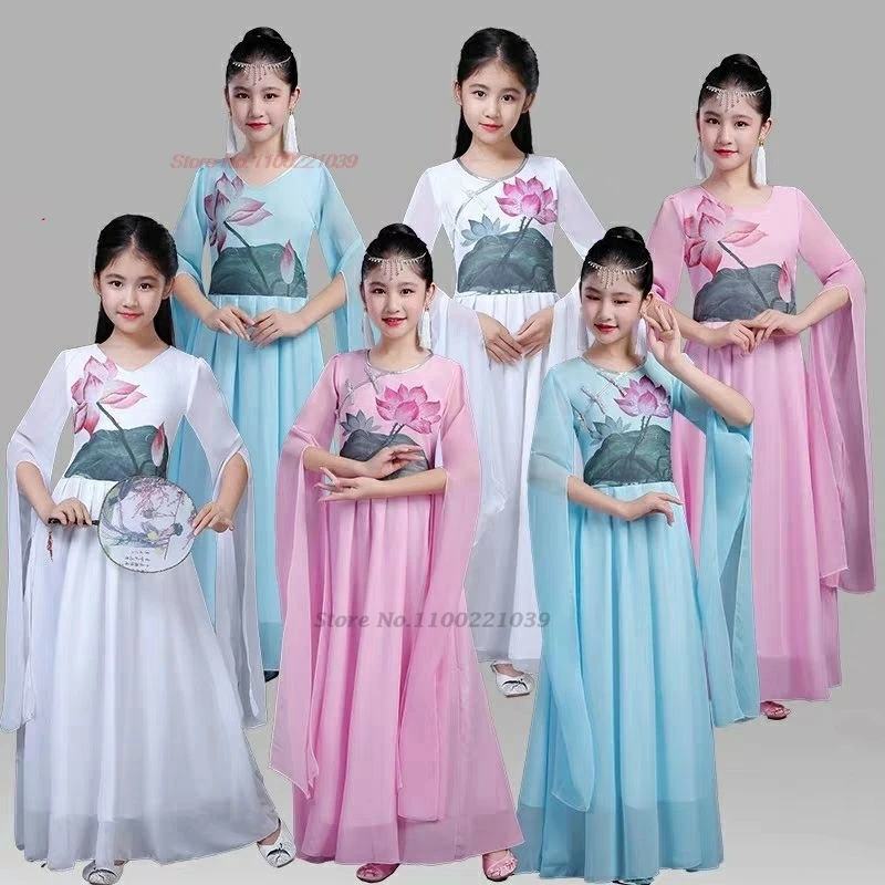 

2024 chinese children vintage folk dance national flower print chiffon hanfu dress traditional stage performance fairy dress