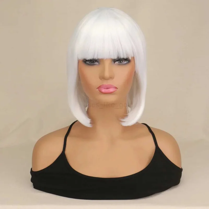 

Short Straight Bob Wig Female White Synthetic Hair Bobo Party Role Playing Wig Costume W 240801