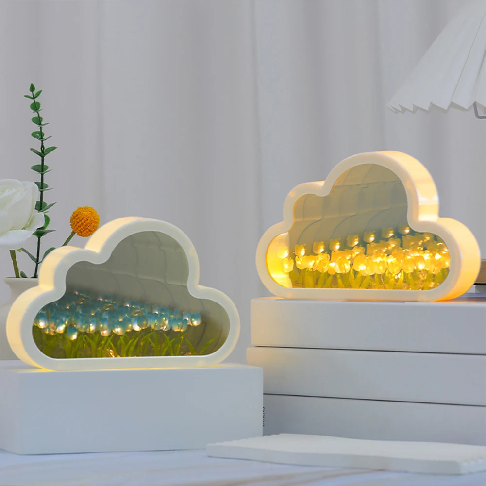 Cloud-shape Tulip Mirror Night Light, DIY Tulip Night Light Table Lamp Home Bedroom Decoration Anniversary Gifts