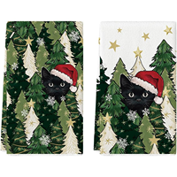 2pc Black Cat Christmas Tree Kitchen Towels with Golden Stars Snowflakes & Green Pine Dark Green Holiday for Xmas Table Setting