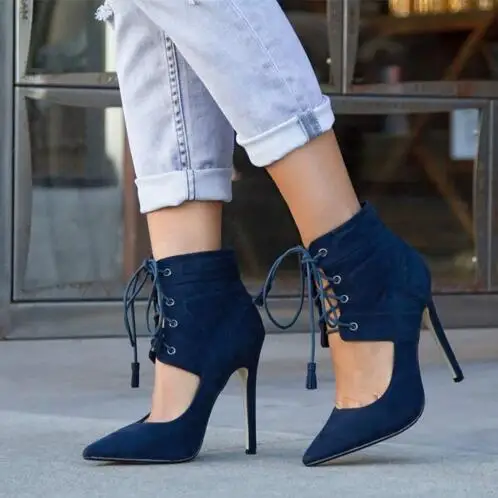 

Drop Shipping Women Dark Blue Suede Cross Tied Lace Up Hollow Thin Heels Ankle Boots Pointed Toe High Heel Pumps Shoes Size 43
