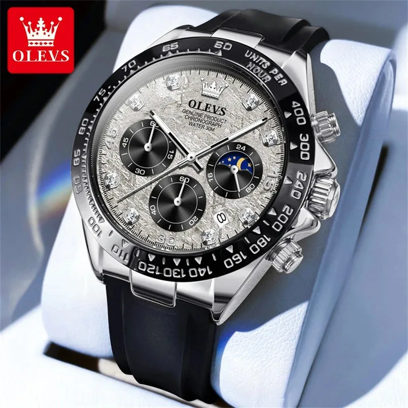 OLEVS New Luxury Men's Watch Comfortable Silicone Strap Chronograph Waterproof Moon Phase Top Brand Quartz Watch for Men  2875