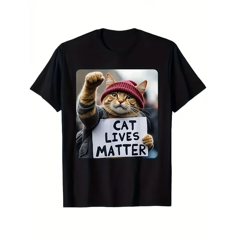 Men's Pattern T-shirt - Black Cat Protest Printed Summer New Casual Harajuku Style Unisex T-shirt