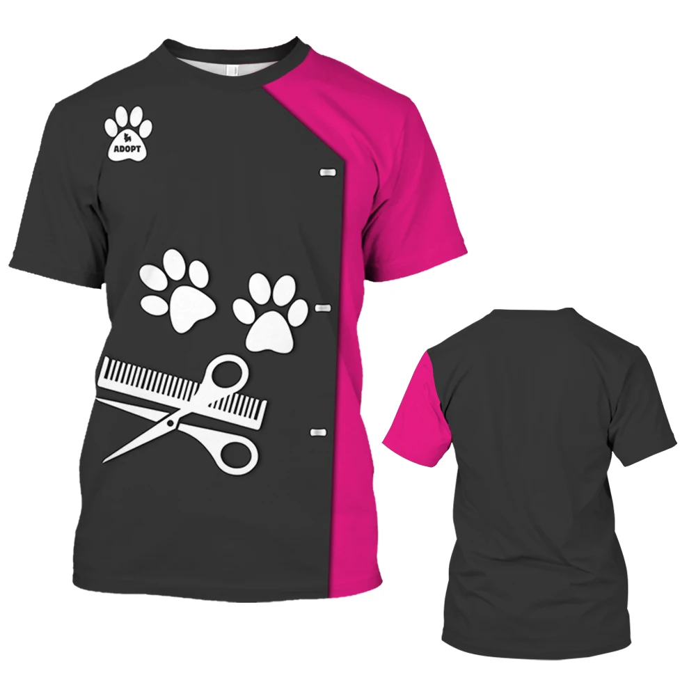 T-shirt à manches courtes et col rond pour hommes et femmes, haut confortable, uniforme de toiletteur pour animaux de compagnie, impression 3D,