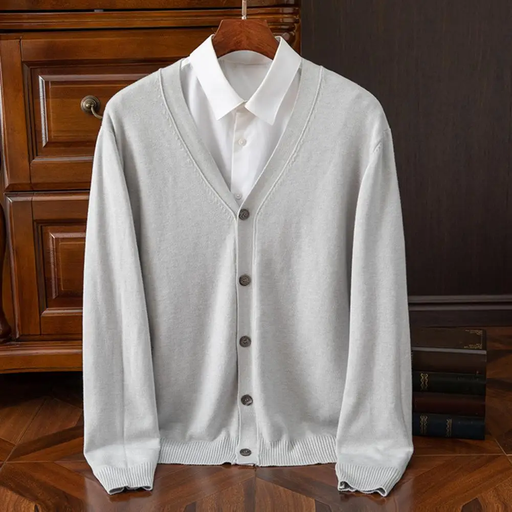 Knitted V-neck Cardigan Elastic Cuff Cardigan Men's V Neck Cardigan Sweater Coat with Single-breasted Buttons Solid for Fall