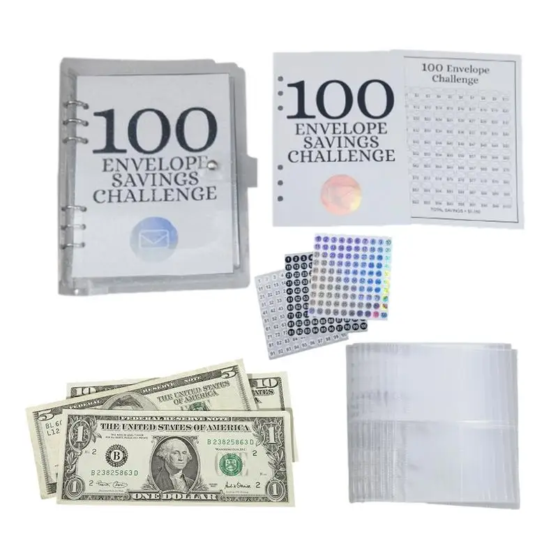 100 Envelope Money Saving Challenge Book Binder Collect Book Set 100 Pockets Number Sleeves Loose Leaf Binder Full Set Holder