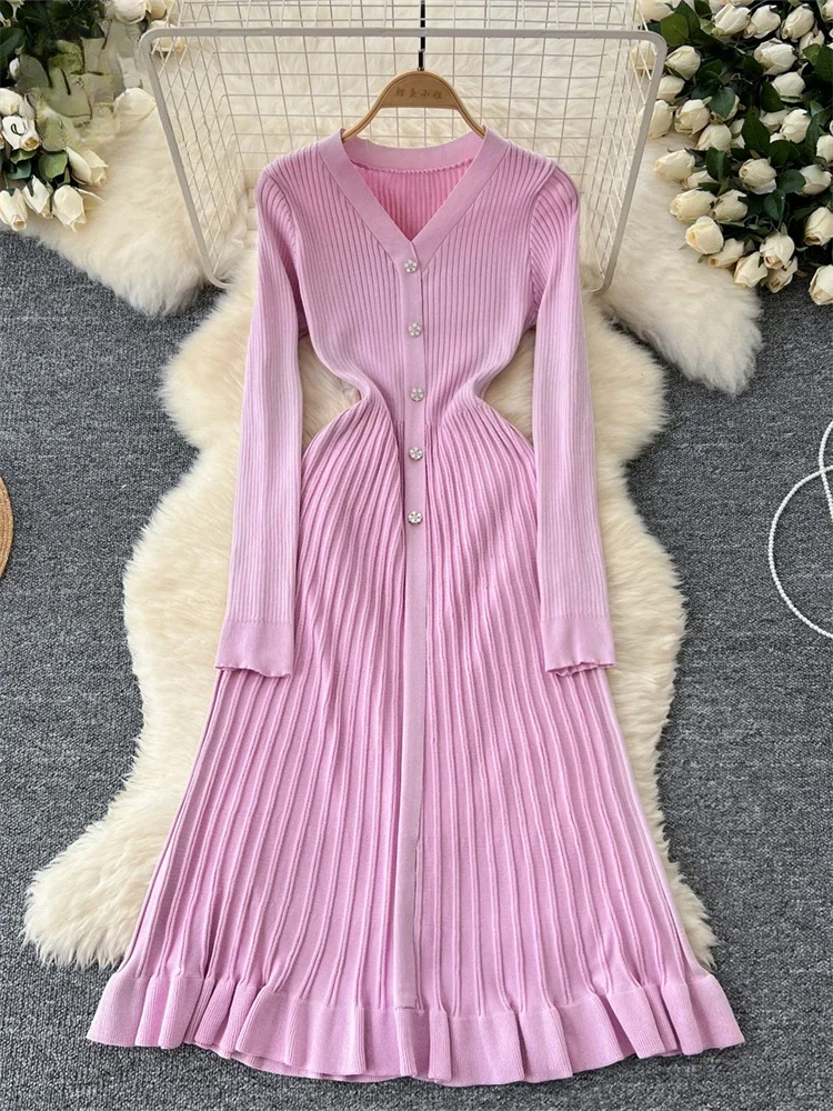 Autumn Winter Vintage Knitted Dress Women Sexy V-neck Button Elegant Long Dresses Ladies Long Sleeve Solid Long Robe Vestidos