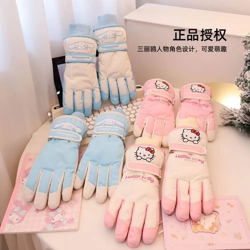 Sanrioed Kawaii Hello Kitty Warm Plush Touch Screen Ski Gloves Anime Cinnamoroll Soft Gloves Winter Outdoor Windproof Girls Gift