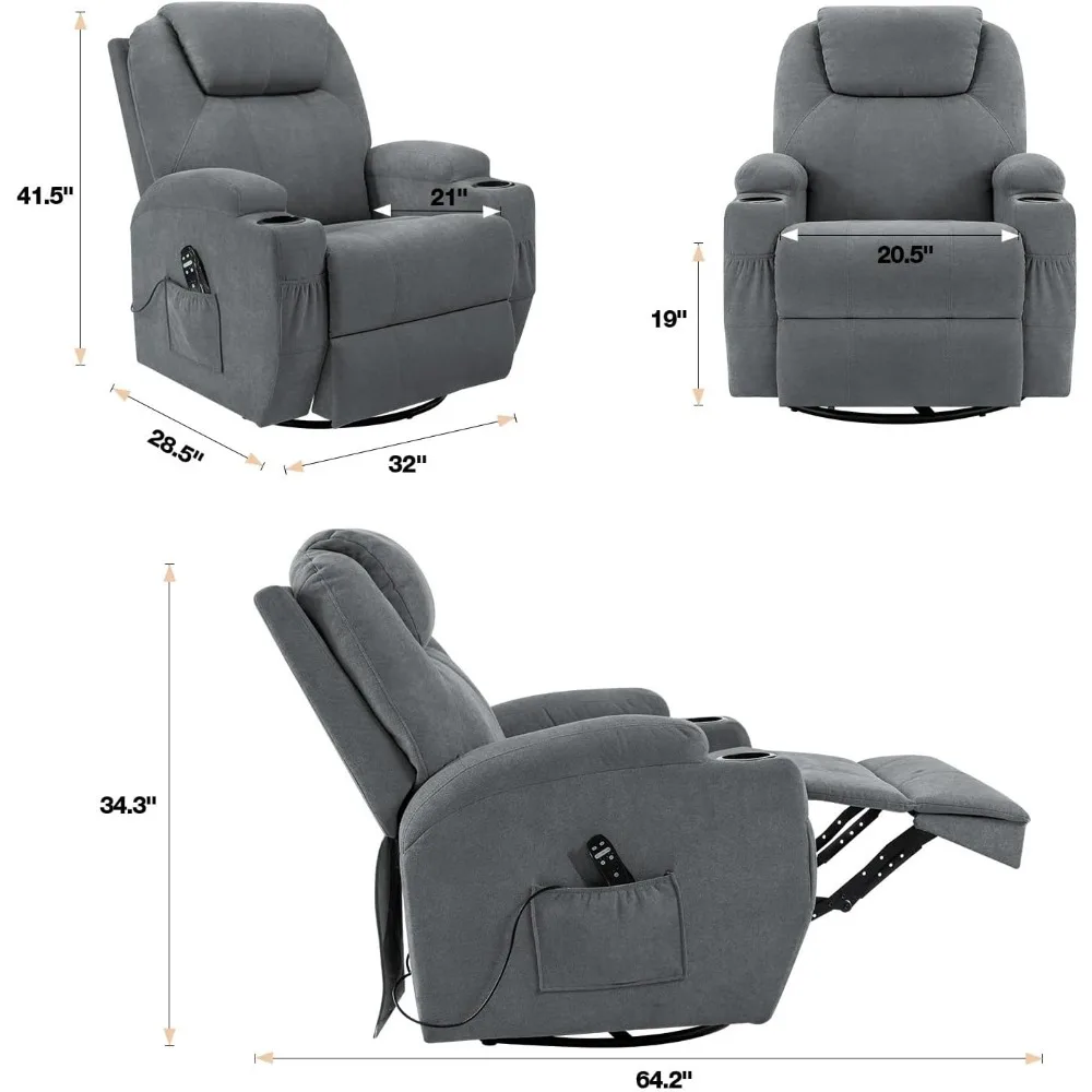 Recliner Chair with Massage Ergonomic Lounge Chair Classic Single Sofa with 2 Cup Holders Side Pockets Living Room Chair