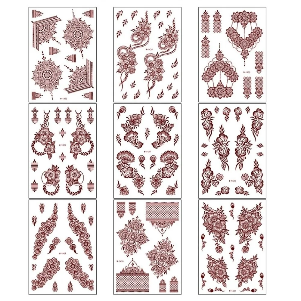 

9pcs Water Transfer Decals Henna Tattoo Stickers Fake India Mehndi Flower Henna Temporary Tattoo Waterproof Instant