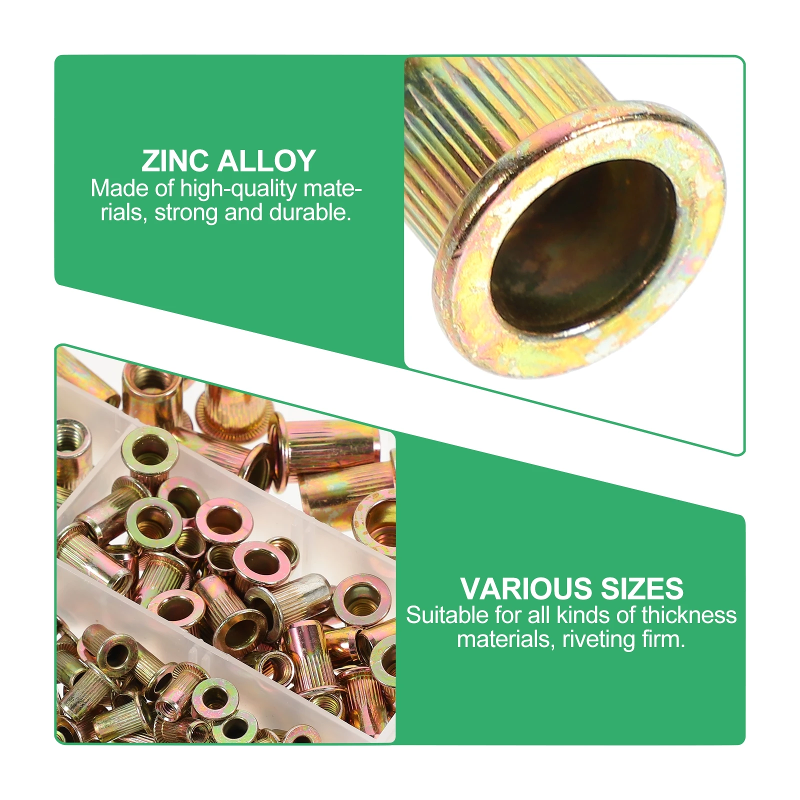 

165pcs Zinc Rivet Nuts Flat Head Threaded Multi functional Golden Assorted Suitable Steel Strong High Efficiency