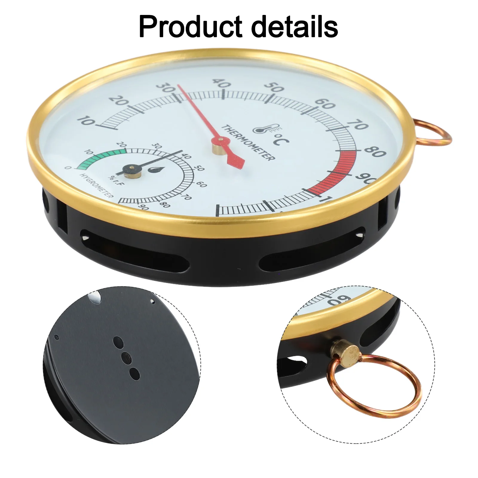Temperature and humidity meter for sauna with metal ring and clear dial offering readings from 10 to 120 degrees Celsius